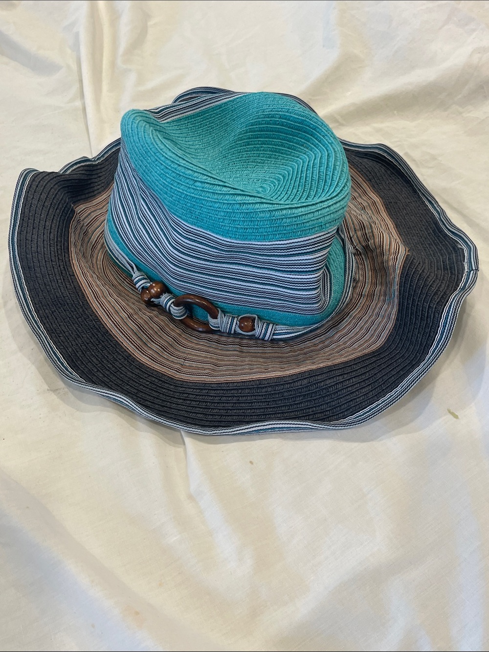 Cynthia Rowley Teal & Navy Striped Brim Sun Hat